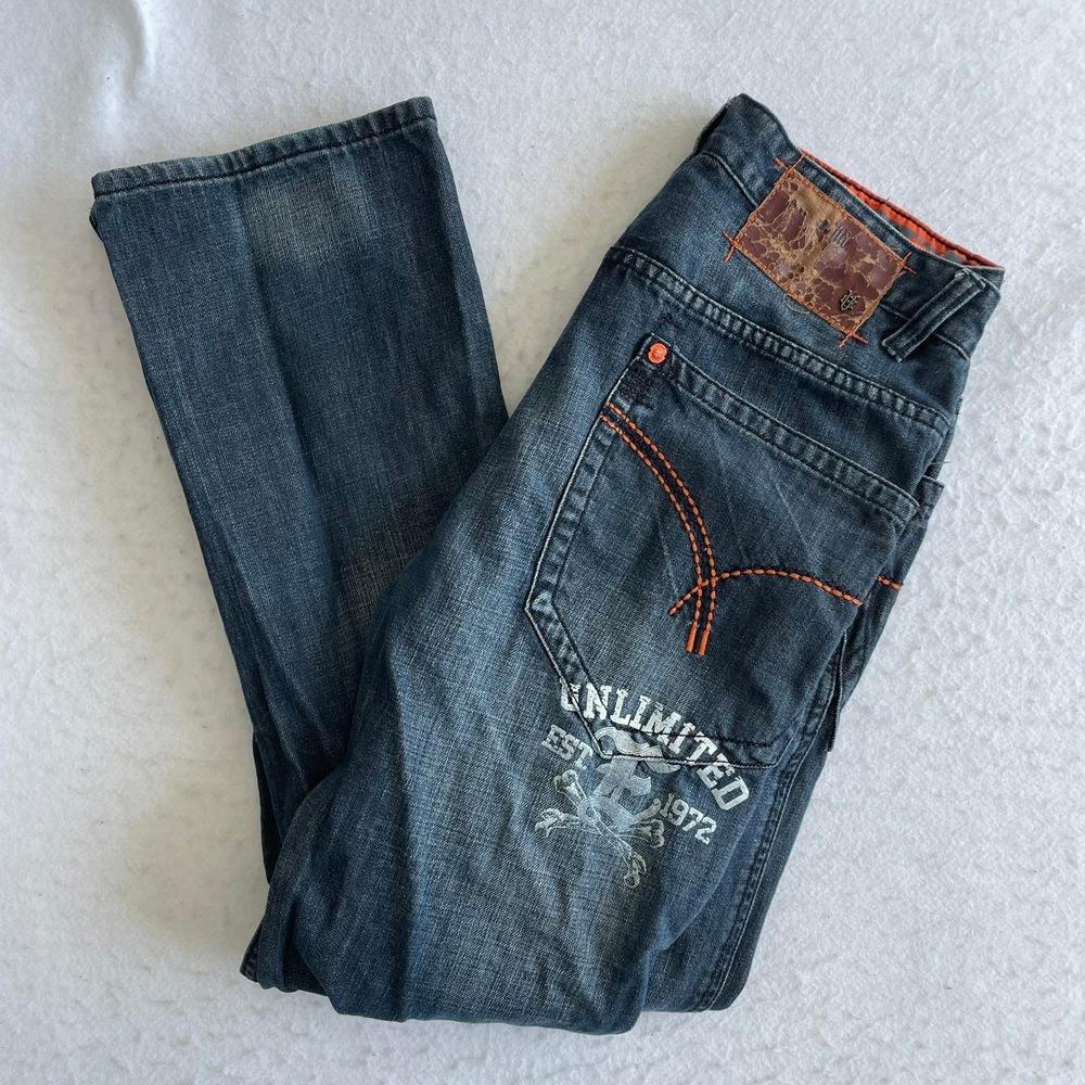 Ecko Unltd Jeans Mens 32 Blue Y2K Embroidered Baggy Hip Hop Denim